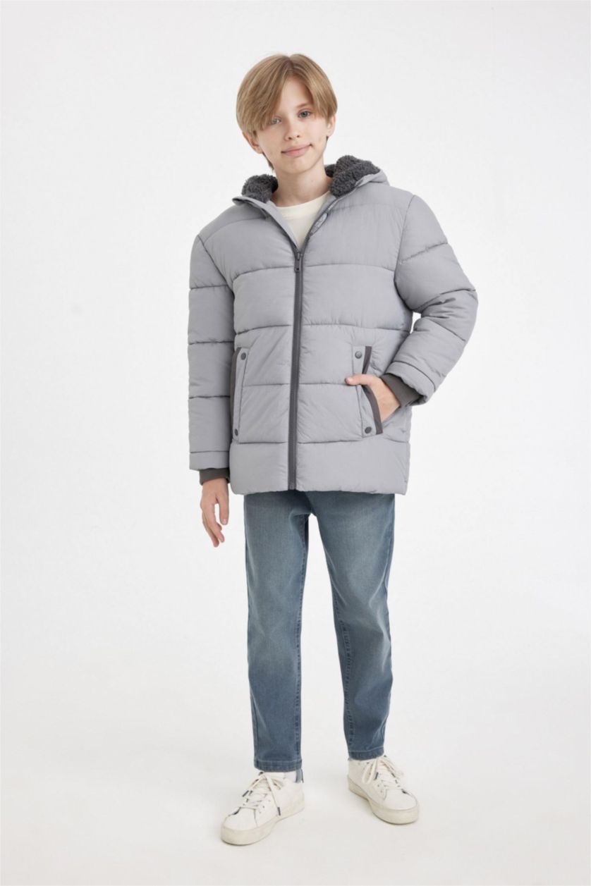 BOYS & TEENS Grey Boy Waterproof Hooded Pocketed Plush Lined Puffer Jacket