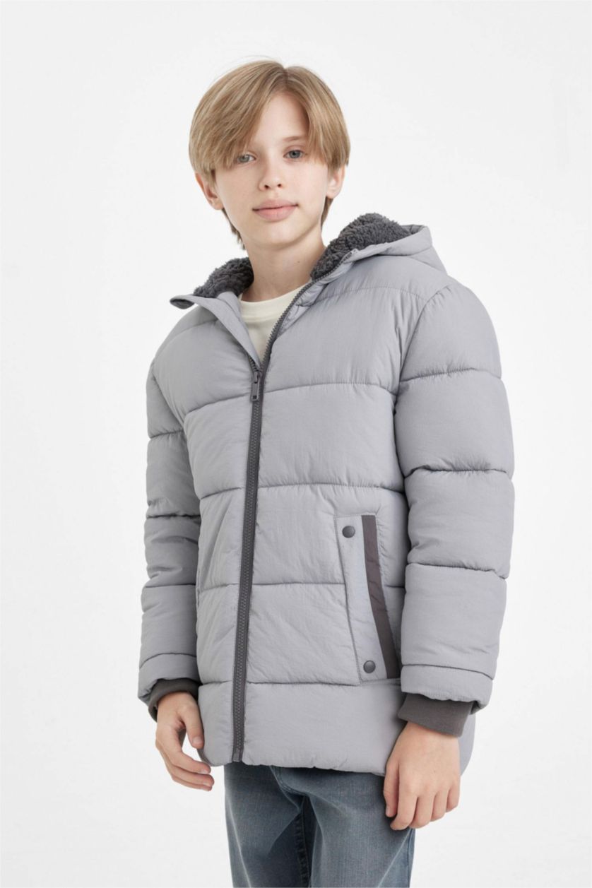 BOYS & TEENS Grey Boy Waterproof Hooded Pocketed Plush Lined Puffer Jacket
