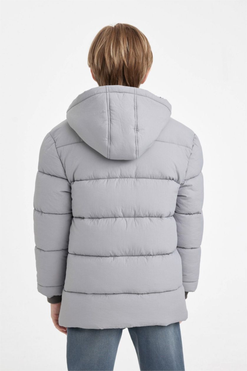 BOYS & TEENS Grey Boy Waterproof Hooded Pocketed Plush Lined Puffer Jacket