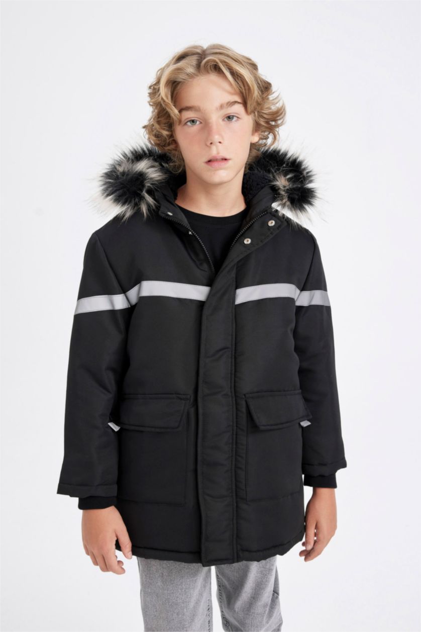 Boys & Teens Black Boy Removable Faux Fur Collar Hooded Plush Lining Jacket