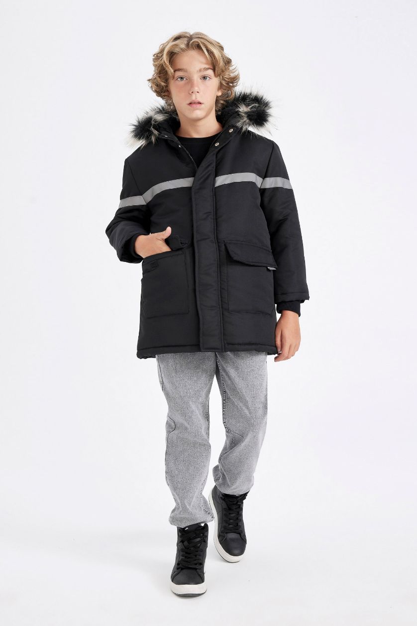 Boys & Teens Black Boy Removable Faux Fur Collar Hooded Plush Lining Jacket