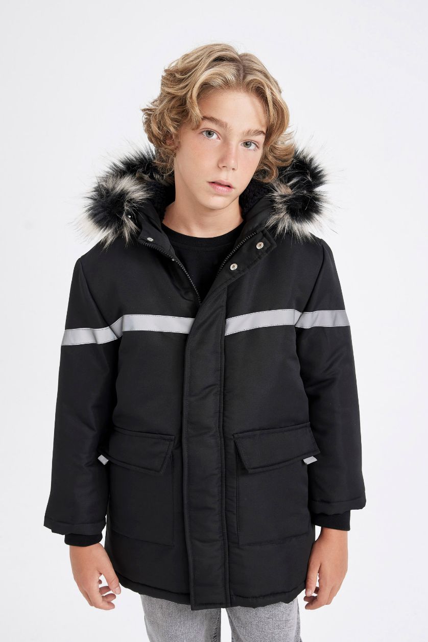Boys & Teens Black Boy Removable Faux Fur Collar Hooded Plush Lining Jacket