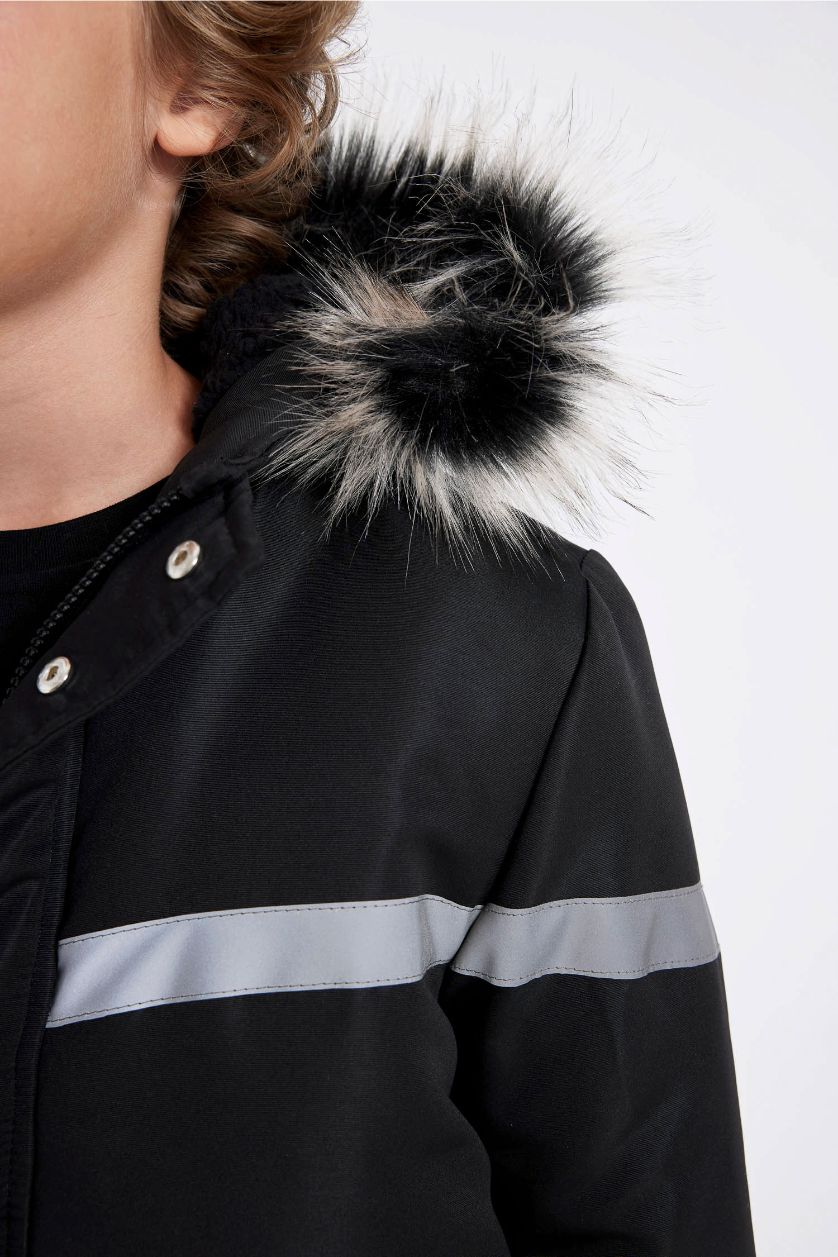 Boys & Teens Black Boy Removable Faux Fur Collar Hooded Plush Lining Jacket