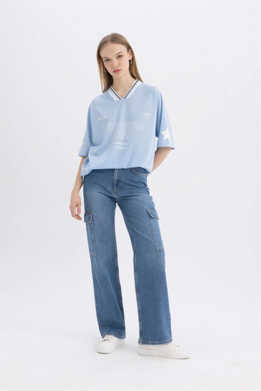 Women Light Blue Oversize Fit Short Sleeve T-Shirt