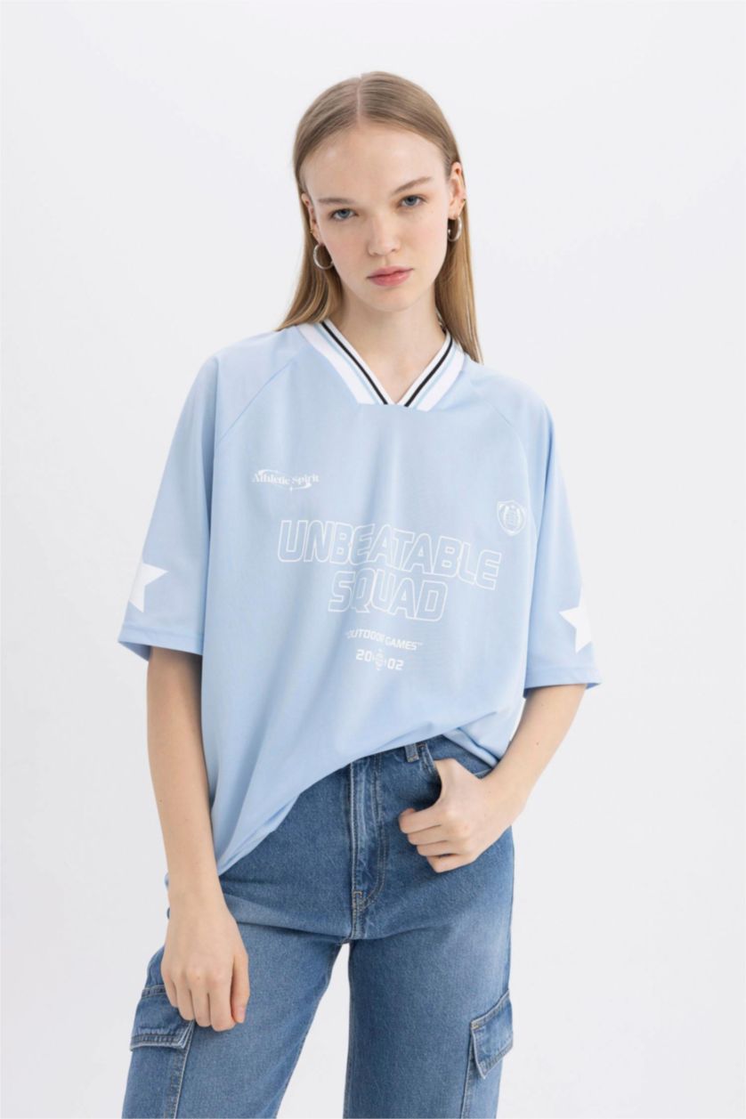 Women Light Blue Oversize Fit Short Sleeve T-Shirt