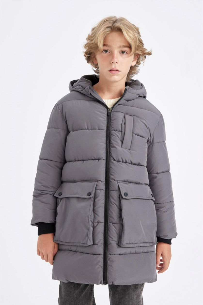 Erkek Çocuk - Genç Erkek Açık Antrasit Su Geçirmez Kapüşonlu Fermuarlı Cepli Polar Astarlı Parka Erkek Çocuk