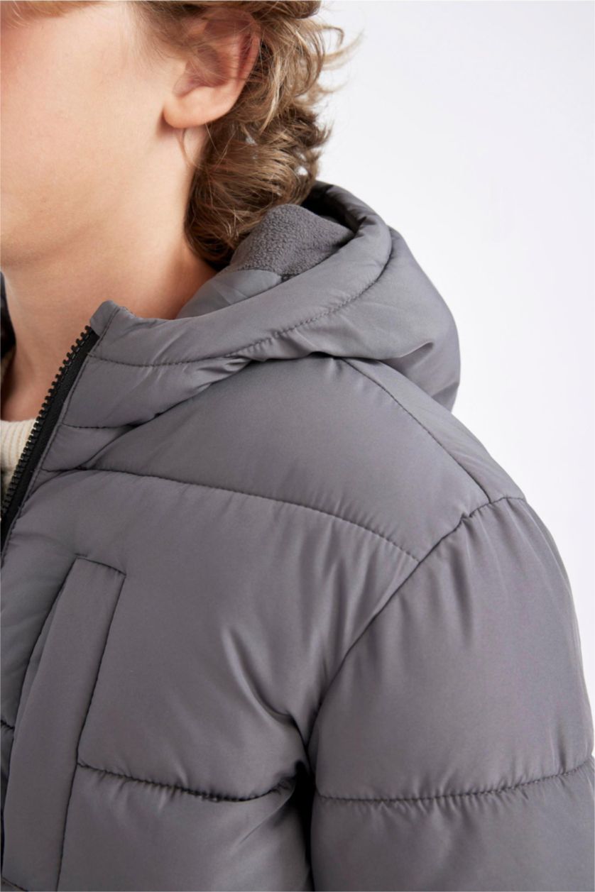 Erkek Çocuk - Genç Erkek Açık Antrasit Su Geçirmez Kapüşonlu Fermuarlı Cepli Polar Astarlı Parka Erkek Çocuk