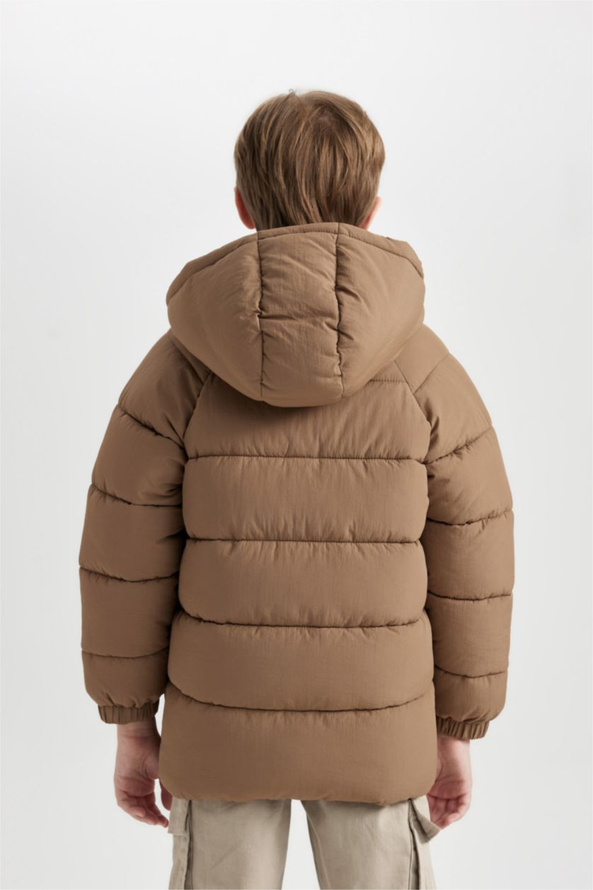 Erkek Çocuk - Genç Erkek Bej Erkek Çocuk Su Geçirmez Kapüşonlu Fermuarlı Çıtçıtlı Cepli Şişme Mont