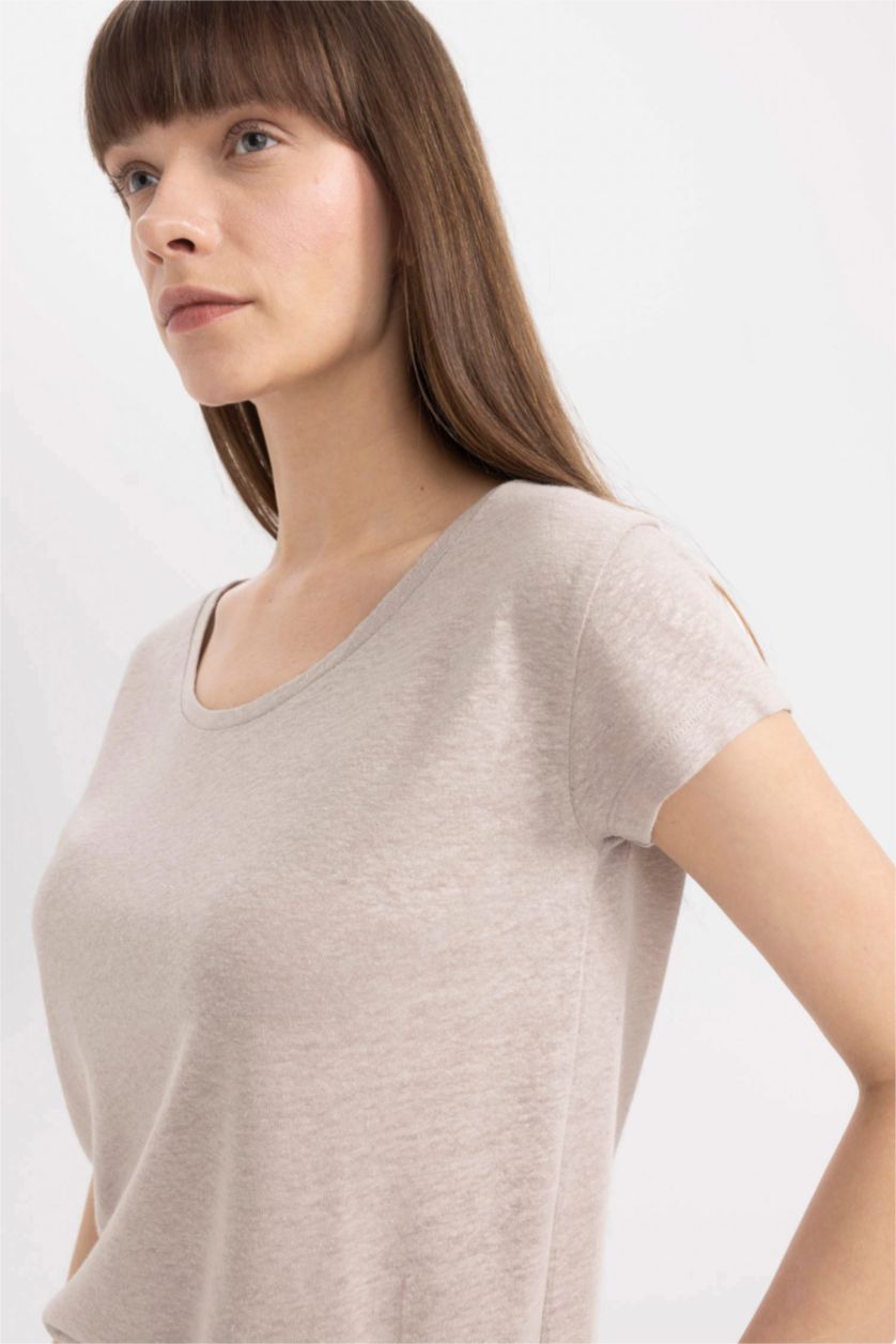 Kadın Taş Regular Fit Bisiklet Yaka Keten Karışımlı Basic Düz Kısa Kollu Tişört