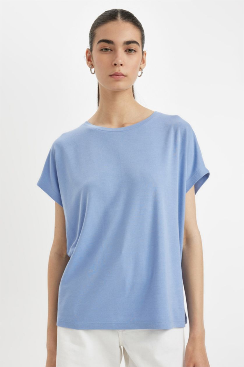 نساء أزرق تيشيرت نص ردن منسوج بياخة مستديرة