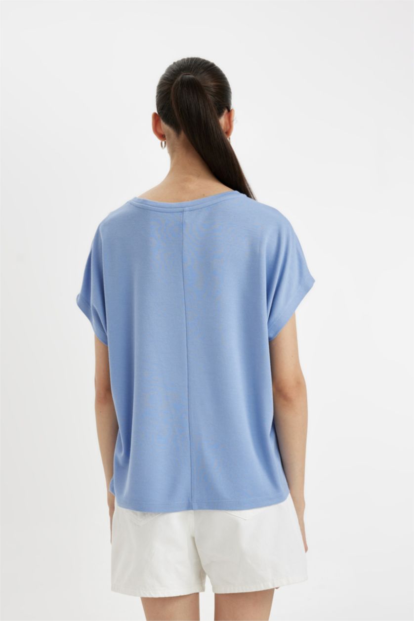 نساء أزرق تيشيرت نص ردن منسوج بياخة مستديرة