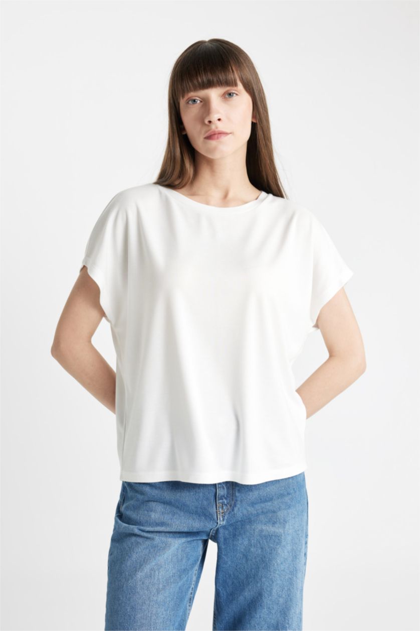 WOMAN Ecru Crew Neck modal Short Sleeve T-Shirt