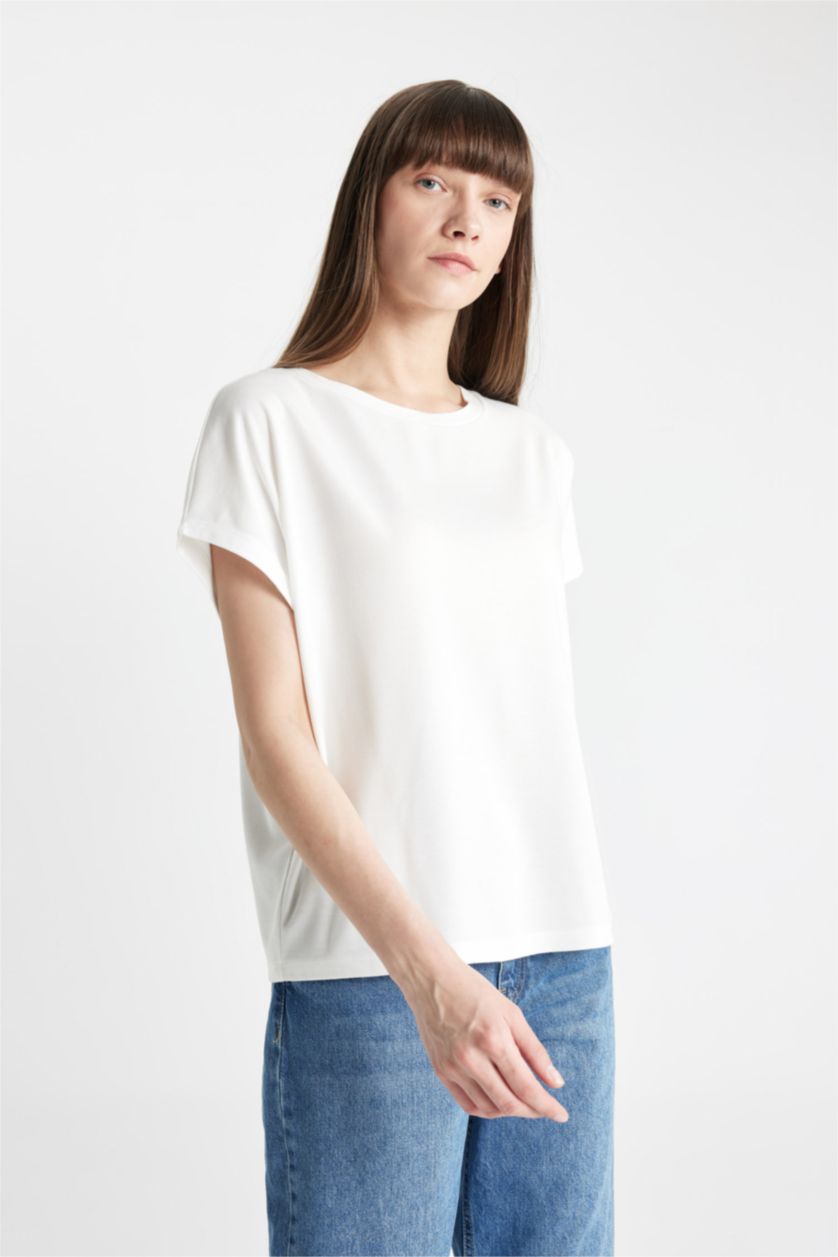 WOMAN Ecru Crew Neck modal Short Sleeve T-Shirt