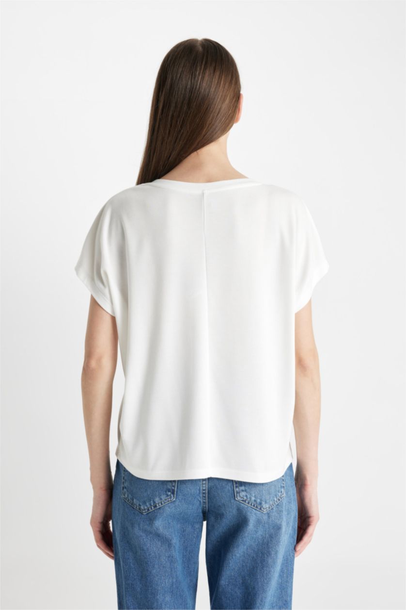 WOMAN Ecru Crew Neck modal Short Sleeve T-Shirt