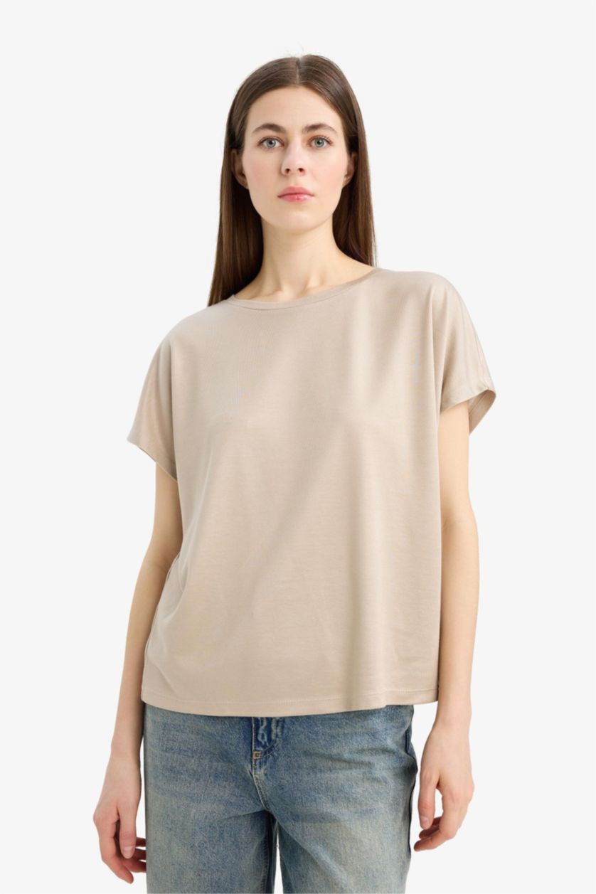 Woman Light Vison Crew Neck Basic Modal Short Sleeve T-Shirt
