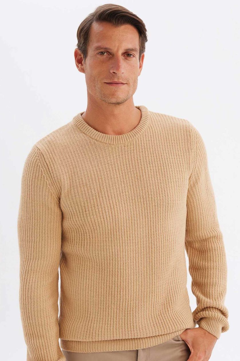 MAN Beige Beige Standard Fit Crew Neck Textured Knitted Pullover