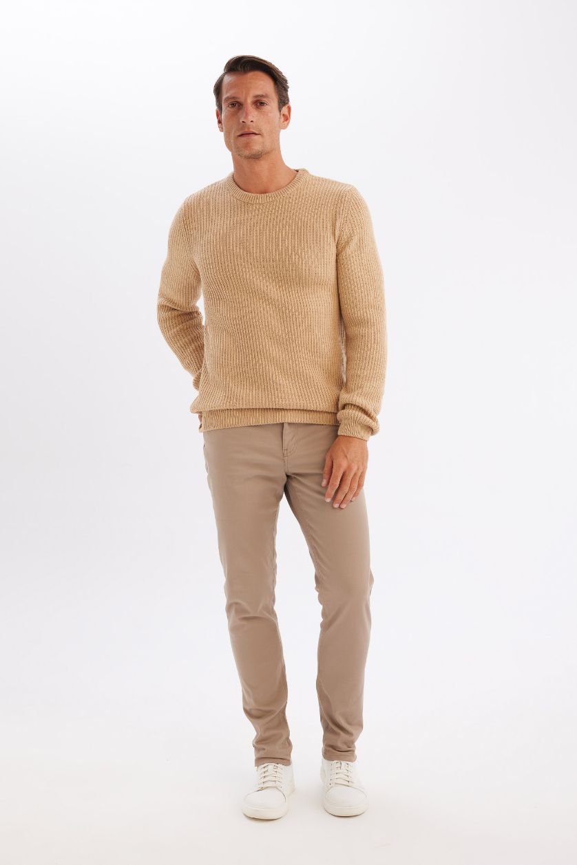 MAN Beige Beige Standard Fit Crew Neck Textured Knitted Pullover