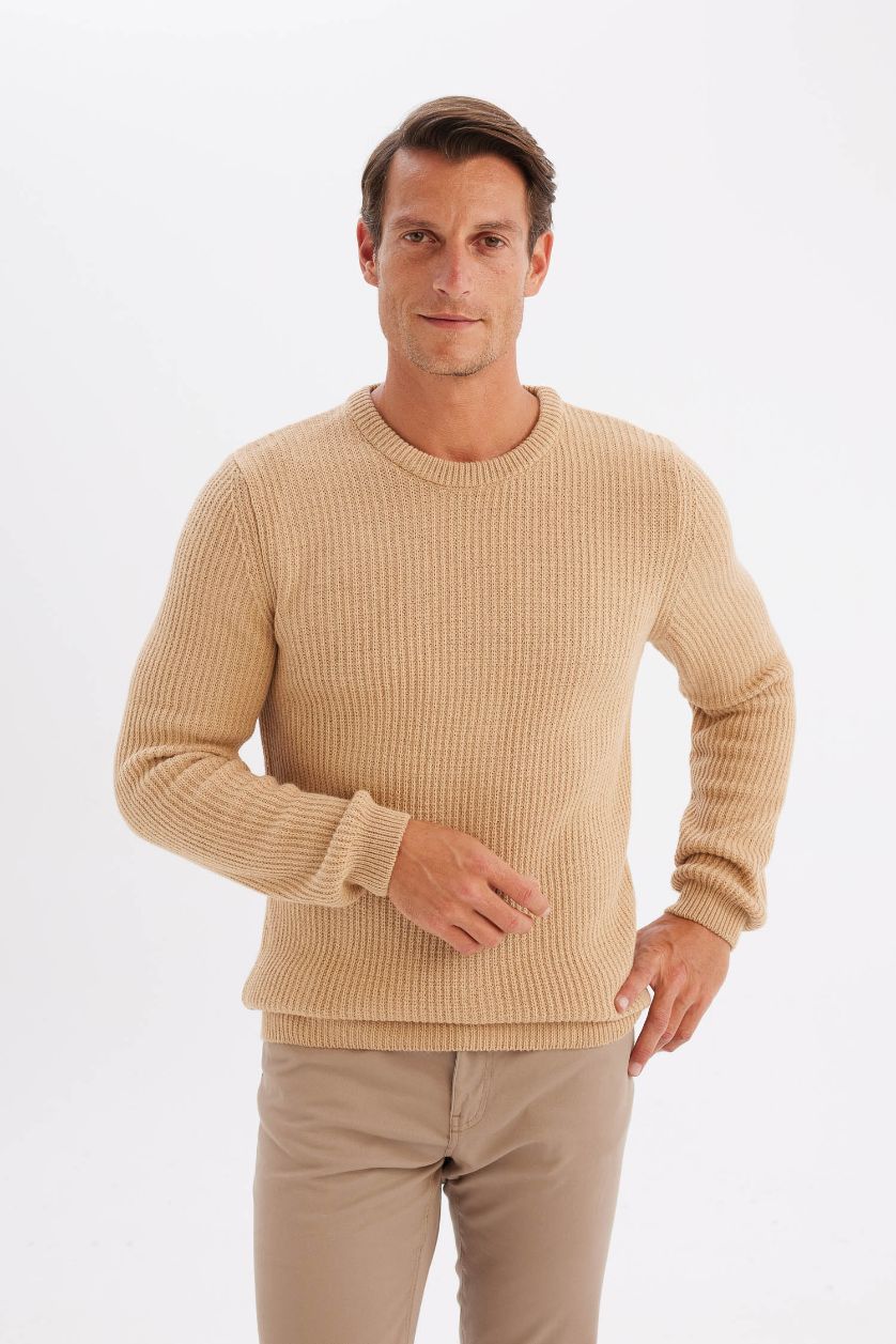 MAN Beige Beige Standard Fit Crew Neck Textured Knitted Pullover