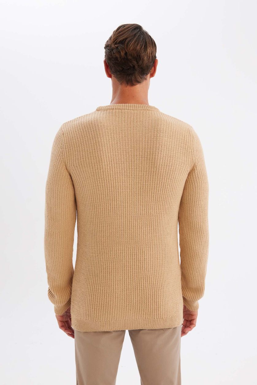 MAN Beige Beige Standard Fit Crew Neck Textured Knitted Pullover