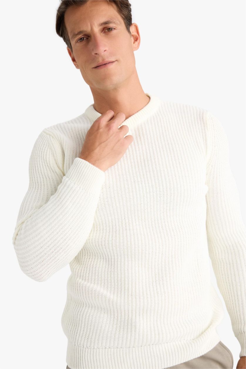 Erkek Ekru Standart Fıt Bisiklet Yaka Triko Kazak