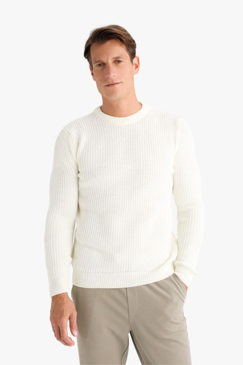 Erkek Ekru Standart Fıt Bisiklet Yaka Triko Kazak