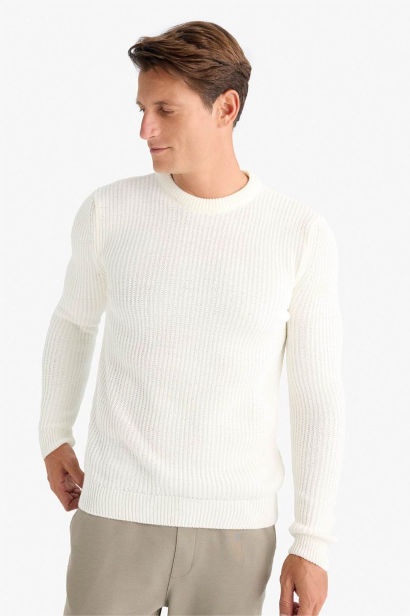 Erkek Ekru Standart Fıt Bisiklet Yaka Triko Kazak