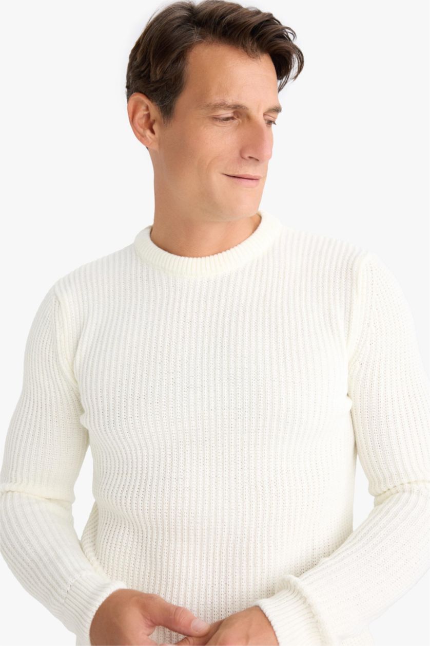 Erkek Ekru Standart Fıt Bisiklet Yaka Triko Kazak