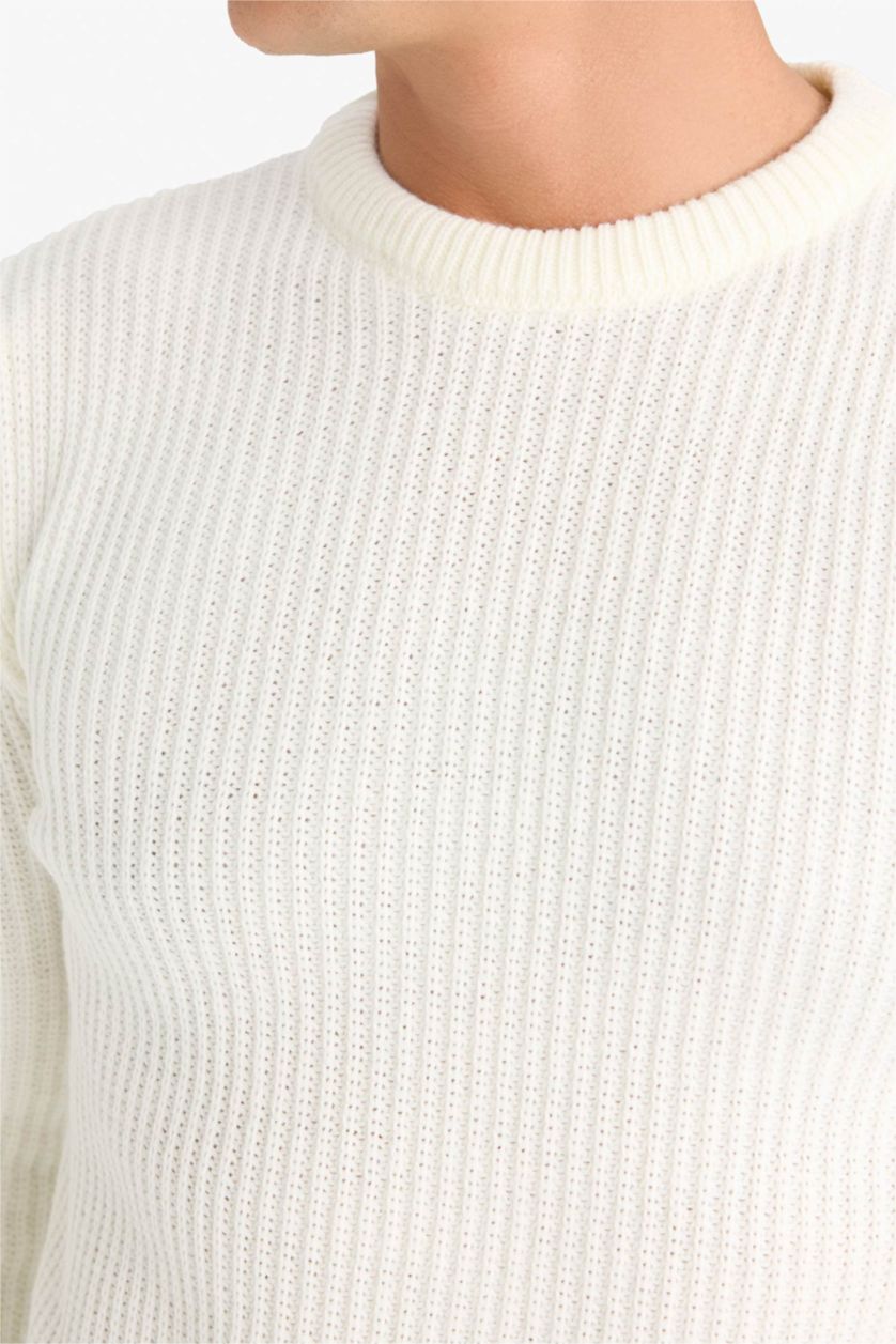 Erkek Ekru Standart Fıt Bisiklet Yaka Triko Kazak