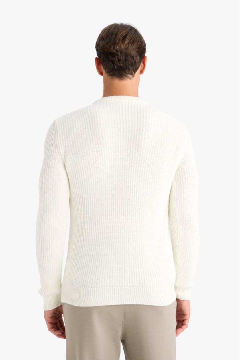 Erkek Ekru Standart Fıt Bisiklet Yaka Triko Kazak