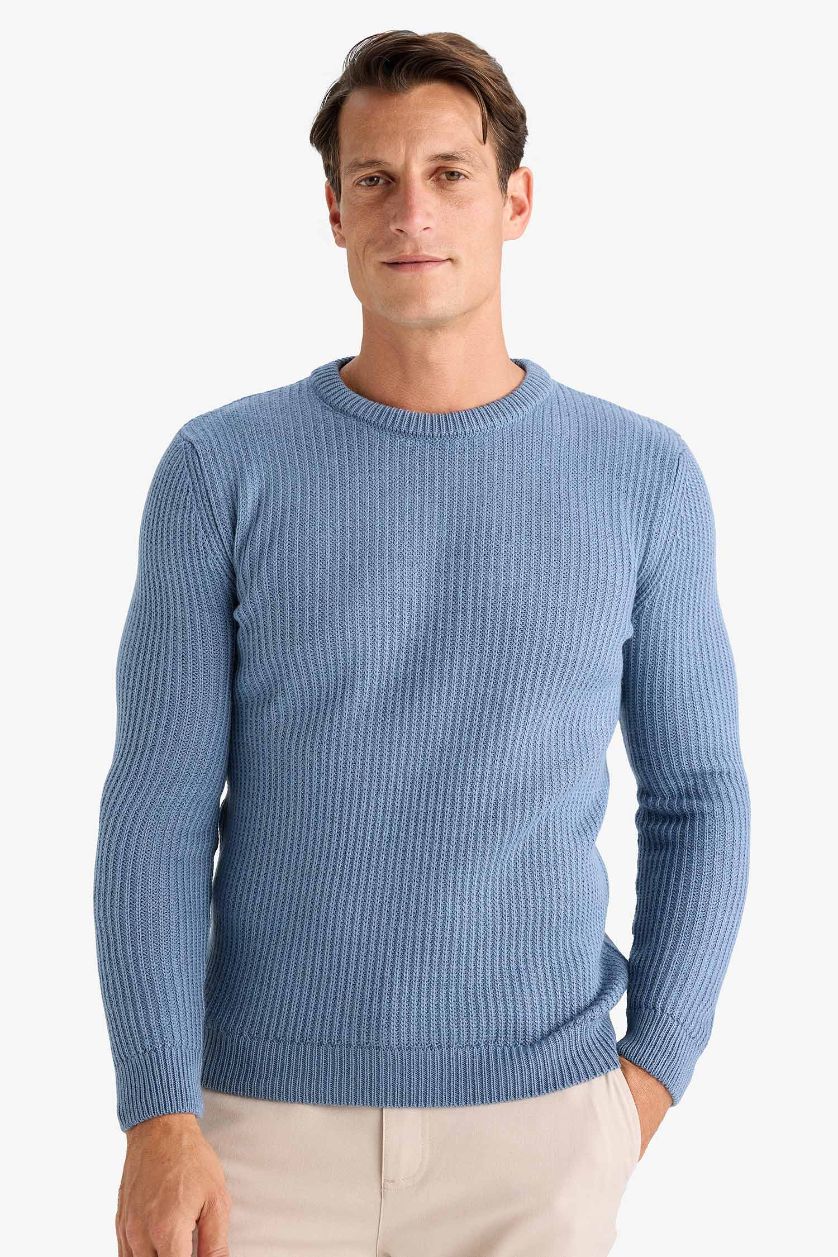 Erkek Açık İndigo Standart Fıt Bisiklet Yaka Triko Kazak