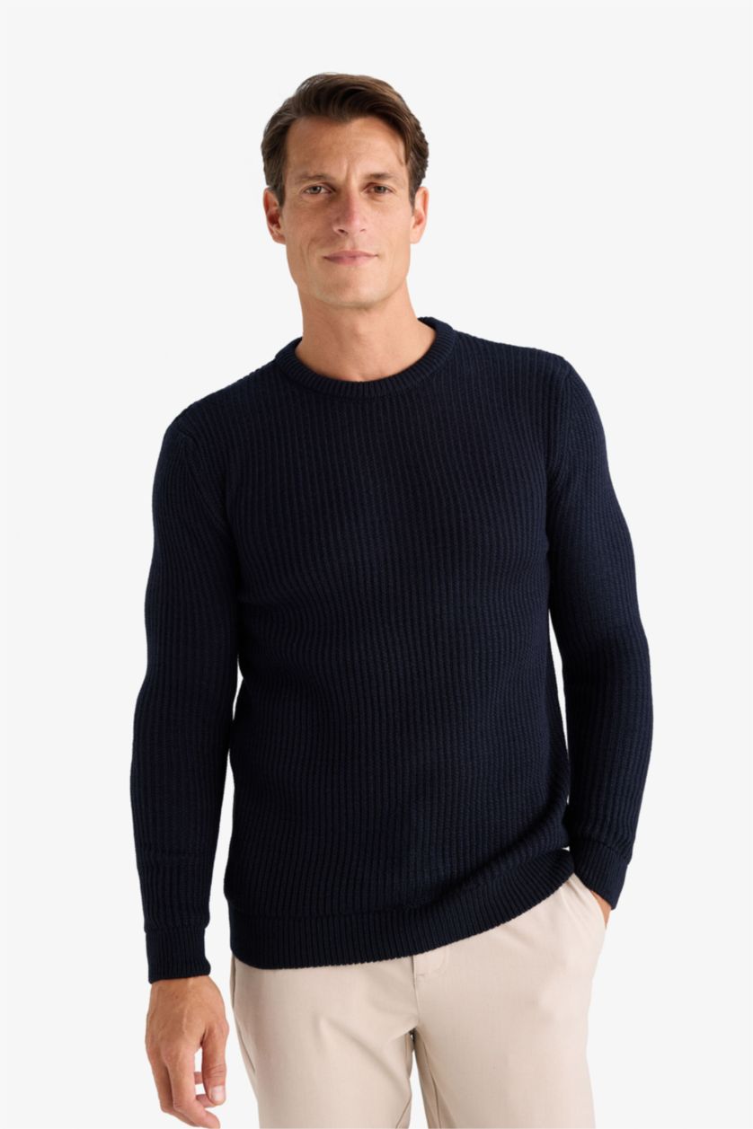 Erkek Lacivert Standart Fıt Bisiklet Yaka Triko Kazak