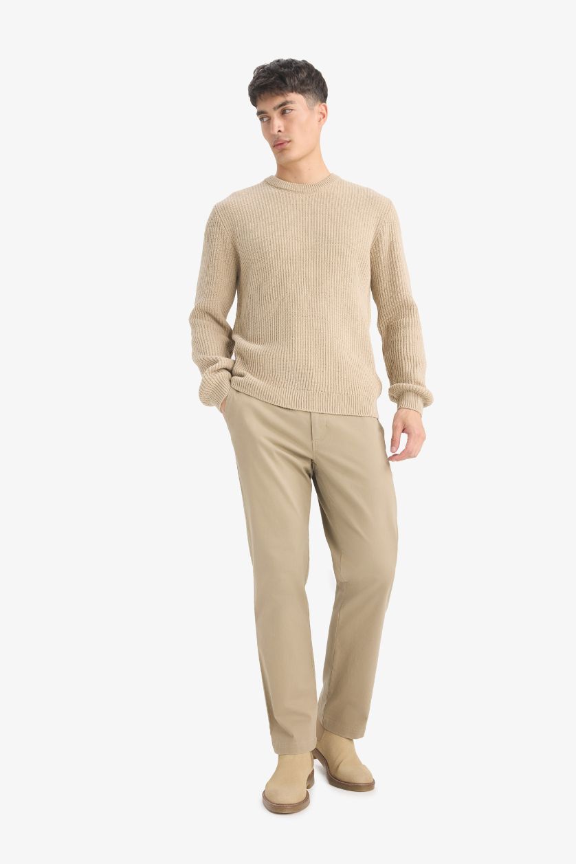 Erkek Kum Standart Fit Normal Kesim Bisiklet Yaka Dokulu Triko Kazak