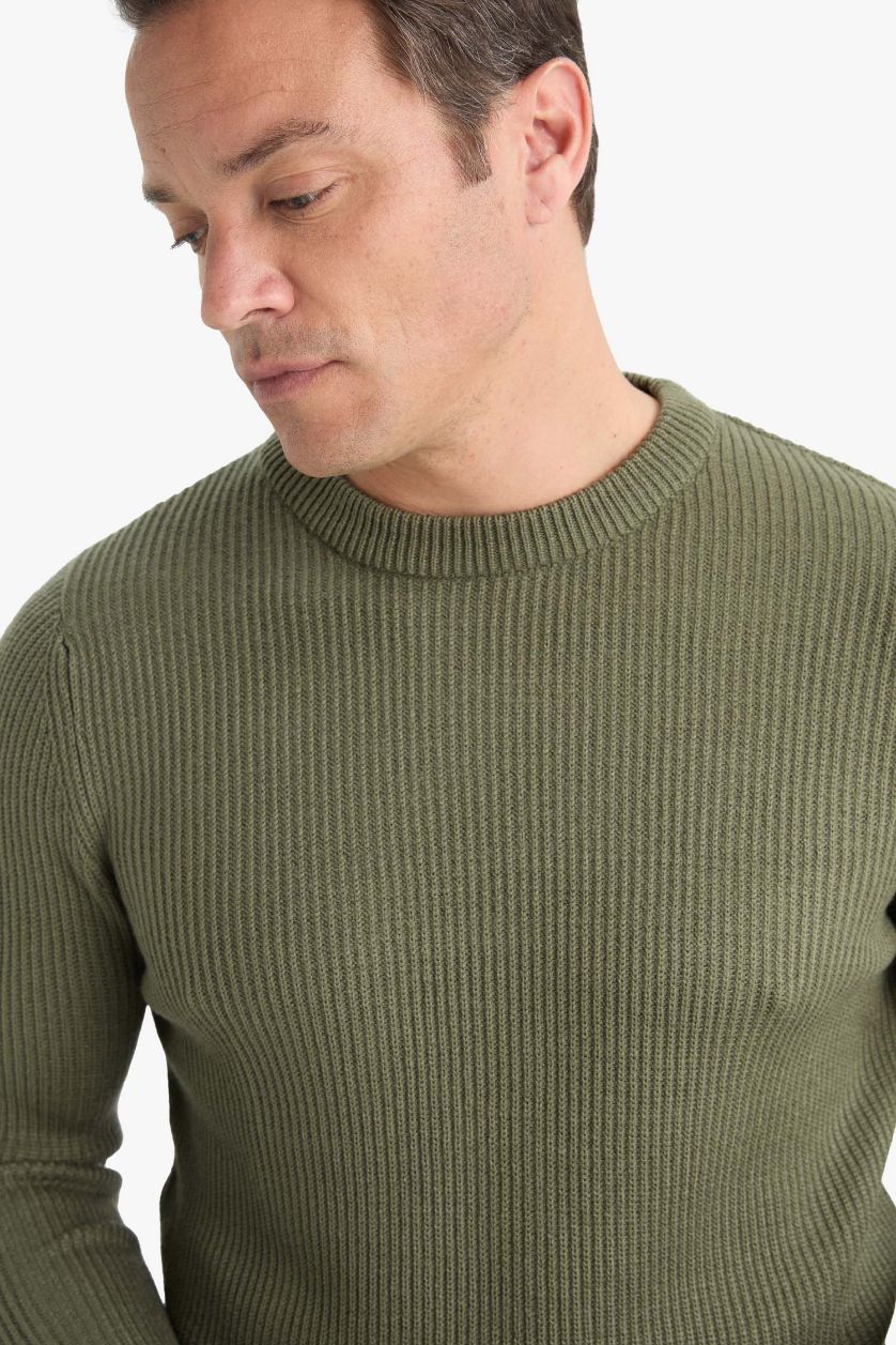 Erkek Haki Standart Fit Normal Kesim Bisiklet Yaka Dokulu Triko Kazak