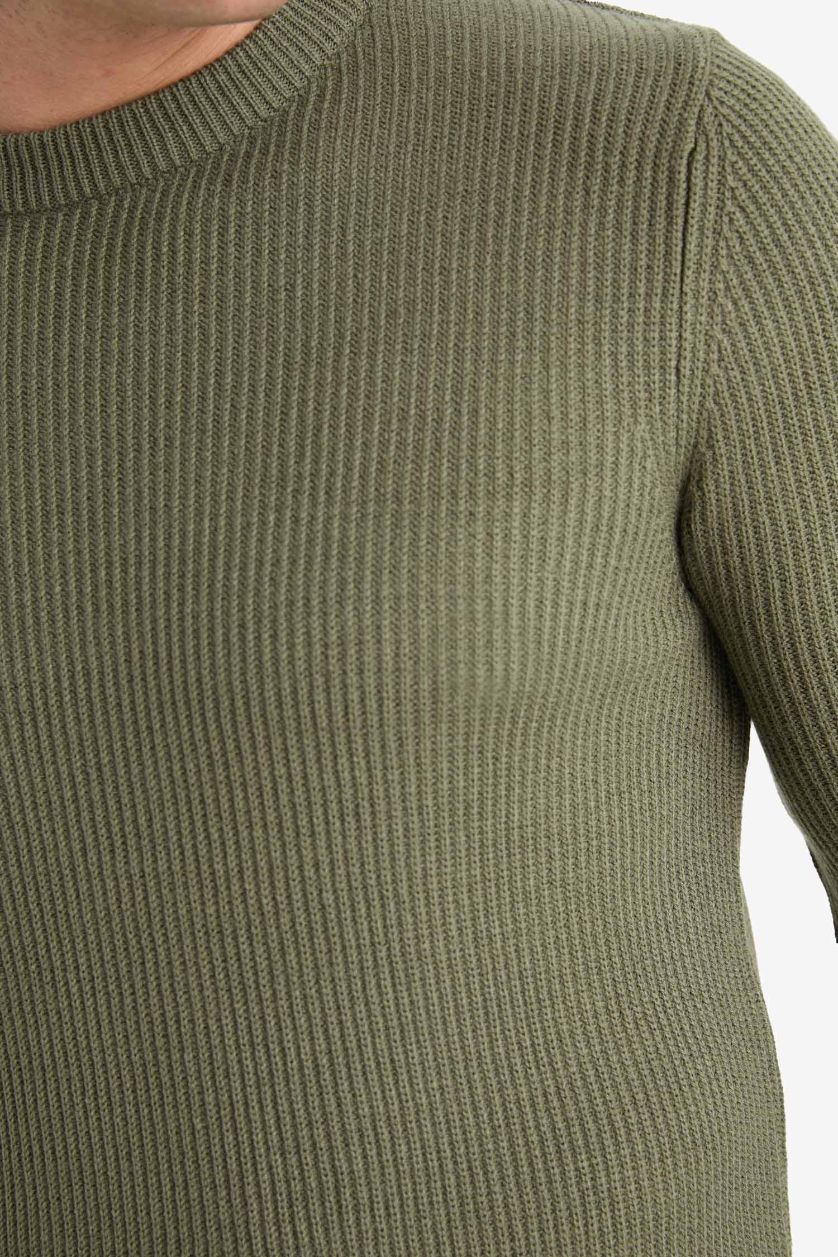 Erkek Haki Standart Fit Normal Kesim Bisiklet Yaka Dokulu Triko Kazak