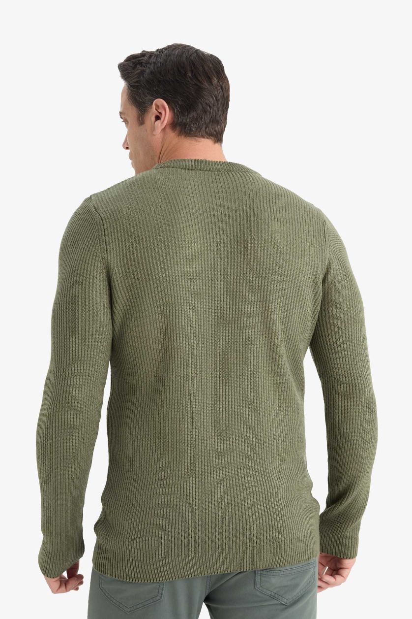 Erkek Haki Standart Fit Normal Kesim Bisiklet Yaka Dokulu Triko Kazak