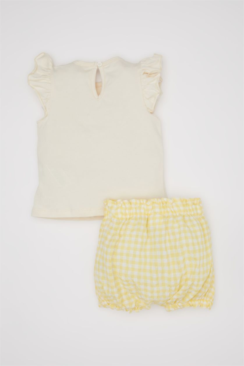 BABY GIRL Ecru Baby Girl Printed Sleeveless T-Shirt Shorts Hair Band 3 Piece Set