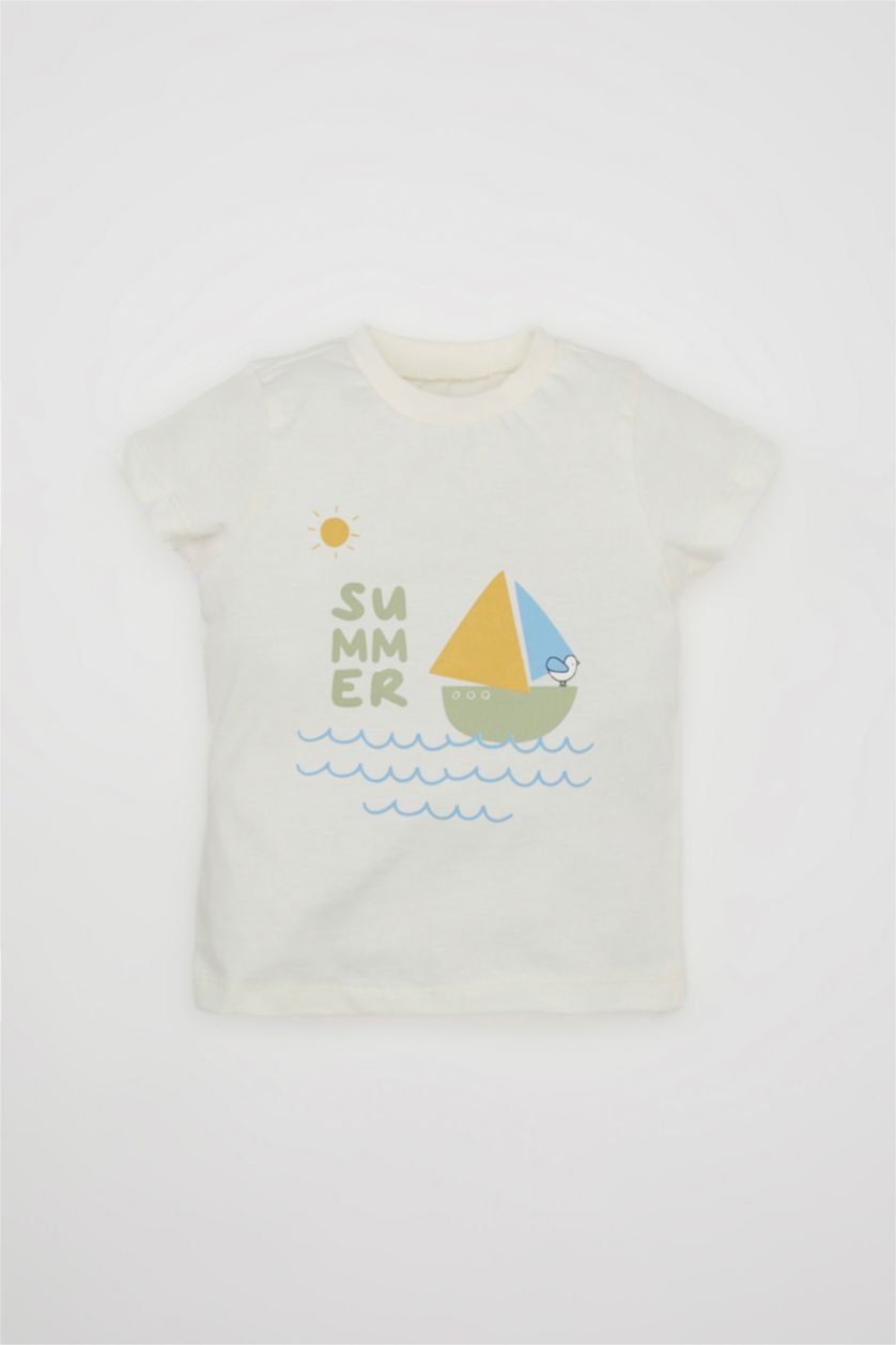 Erkek Bebek Ekru Erkek Bebek 3'lü Takım Müslin Baskılı Kısa Kollu Tişört Salopet Şapka