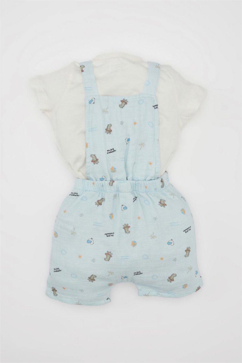 Erkek Bebek Ekru Erkek Bebek 3'lü Takım Müslin Baskılı Kısa Kollu Tişört Salopet Şapka