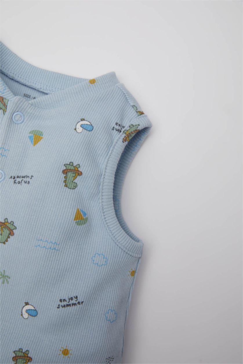 Erkek Bebek Açık Mavi Desenli Fitilli Kaşkorse Kolsuz Tulum Erkek Bebek Yenidoğan