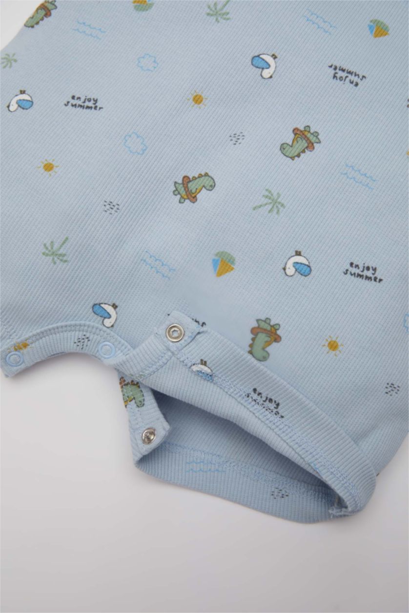 Erkek Bebek Açık Mavi Desenli Fitilli Kaşkorse Kolsuz Tulum Erkek Bebek Yenidoğan