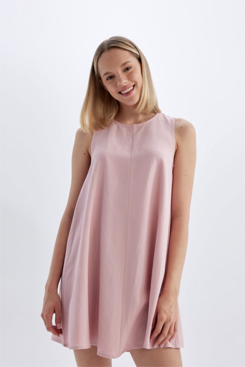 Женщины Розовый Платье мини А-силуэта с круглым вырезом