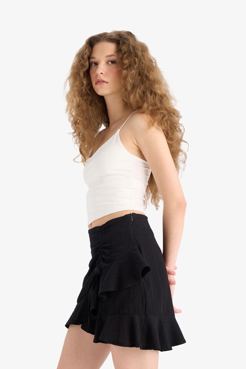 WOMAN Black Linen Look Normal Waist Mini Skirt