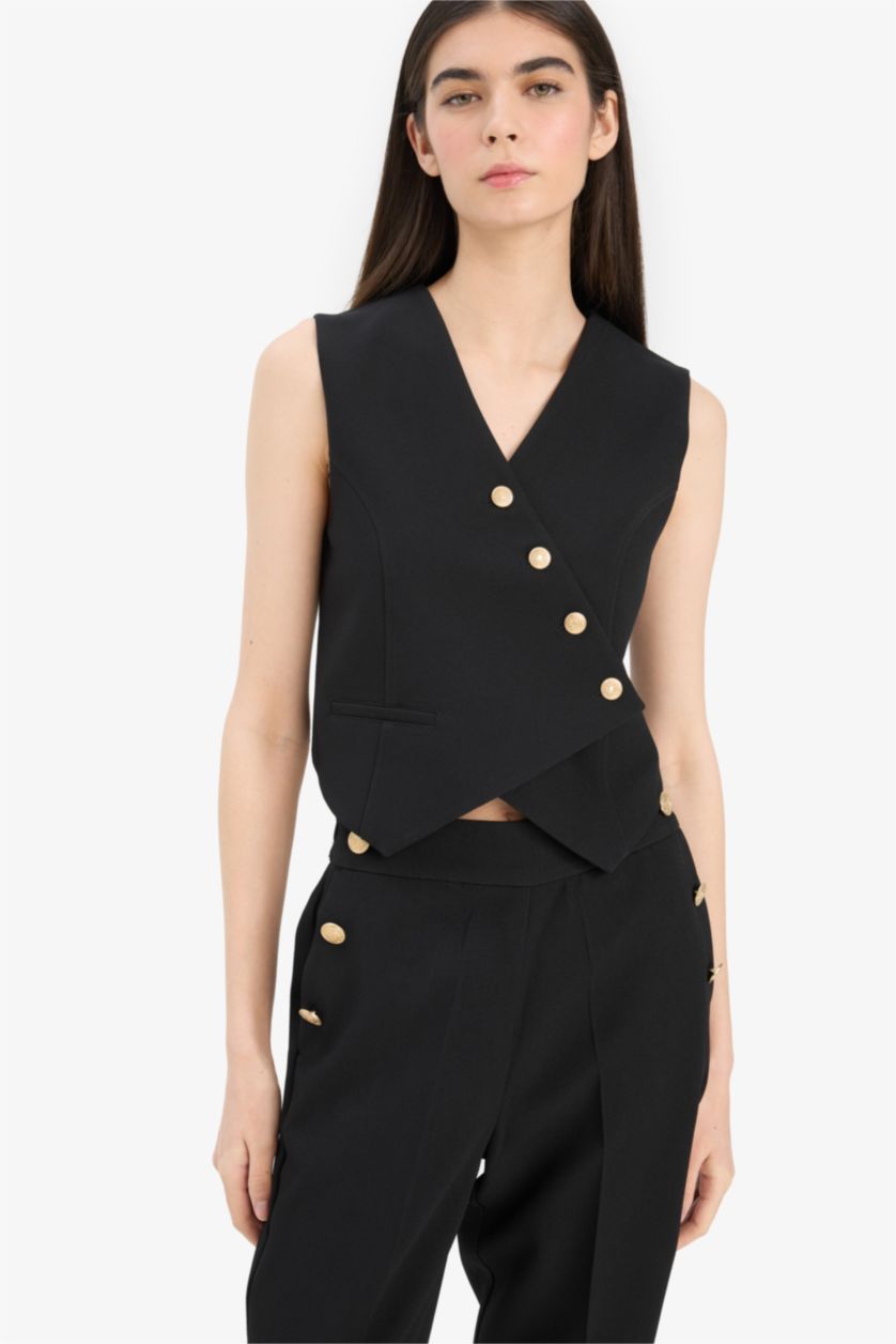 Kadın Siyah Asimetrik V Yaka Blazer Yelek