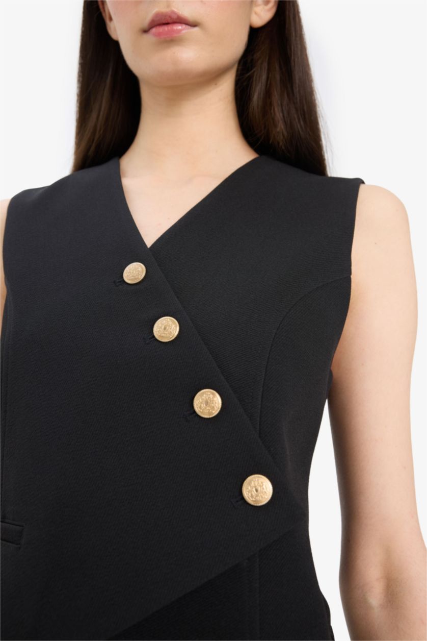 Kadın Siyah Asimetrik V Yaka Blazer Yelek