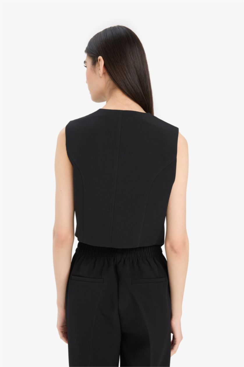 Kadın Siyah Asimetrik V Yaka Blazer Yelek