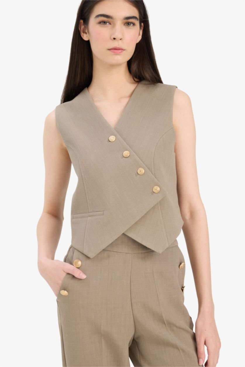 Kadın Meşe Yeşili Asimetrik V Yaka Çizgili Yelek