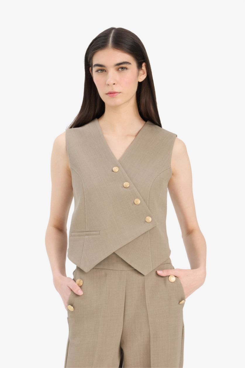 Kadın Meşe Yeşili Asimetrik V Yaka Çizgili Yelek