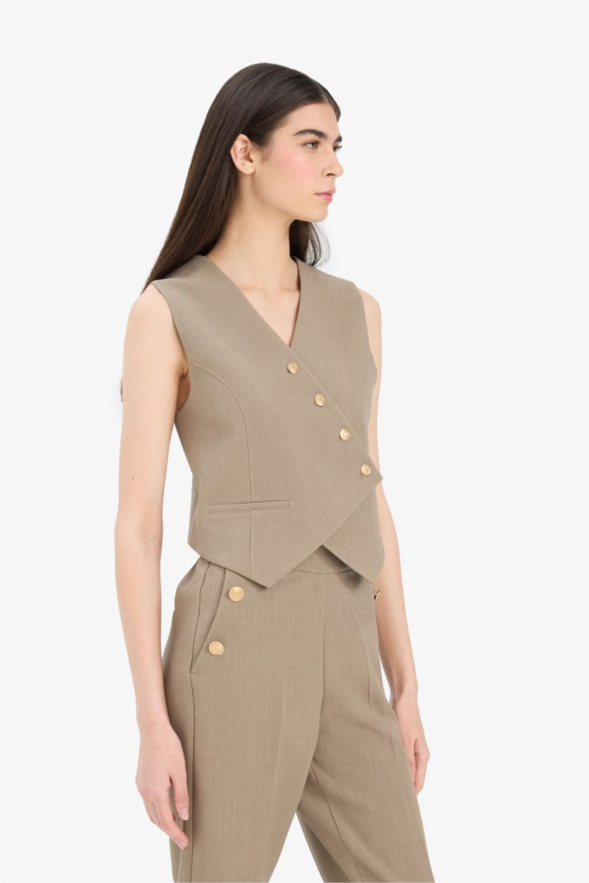 Kadın Meşe Yeşili Asimetrik V Yaka Çizgili Yelek