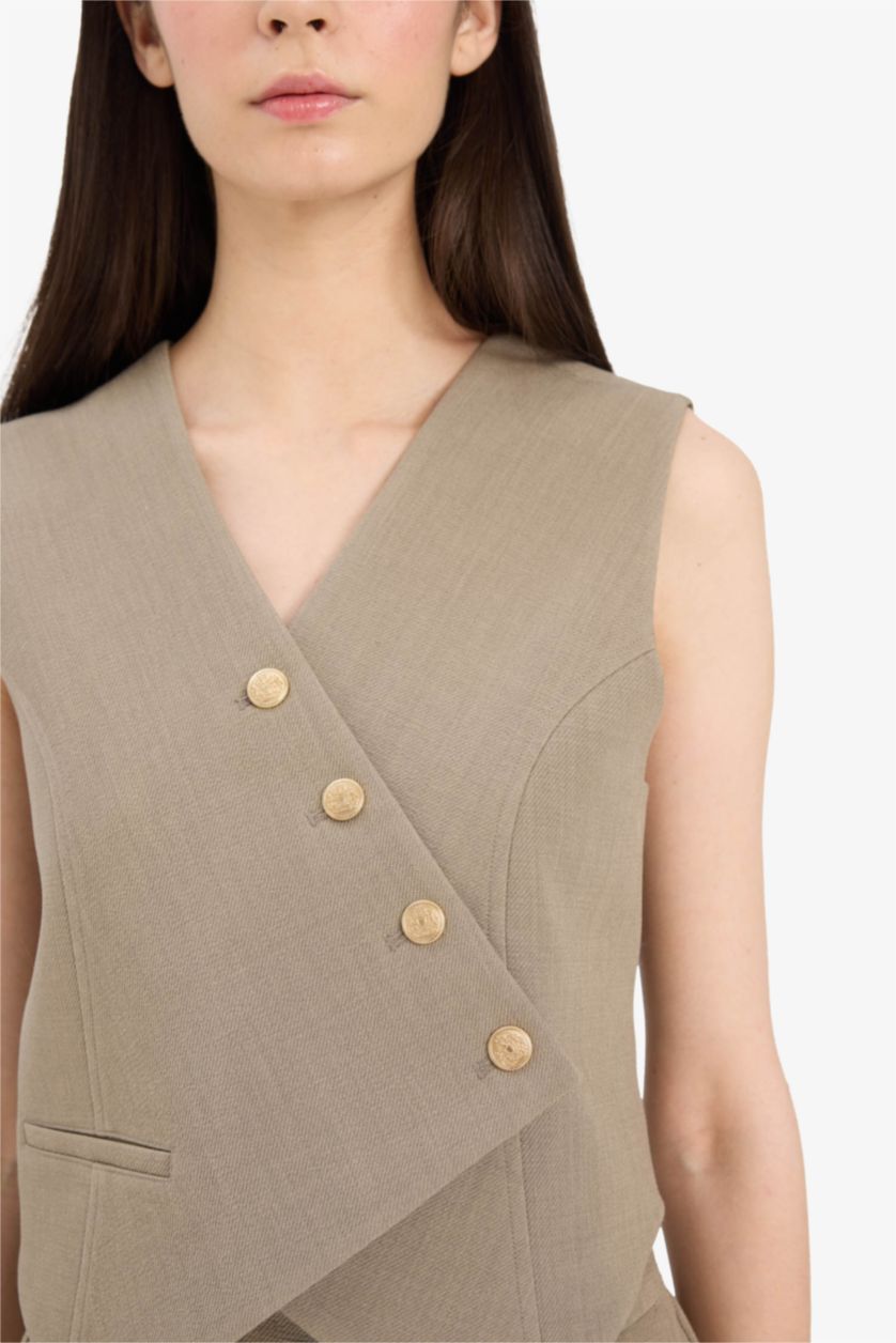 Kadın Meşe Yeşili Asimetrik V Yaka Çizgili Yelek