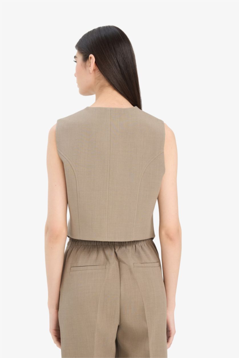 Kadın Meşe Yeşili Asimetrik V Yaka Çizgili Yelek